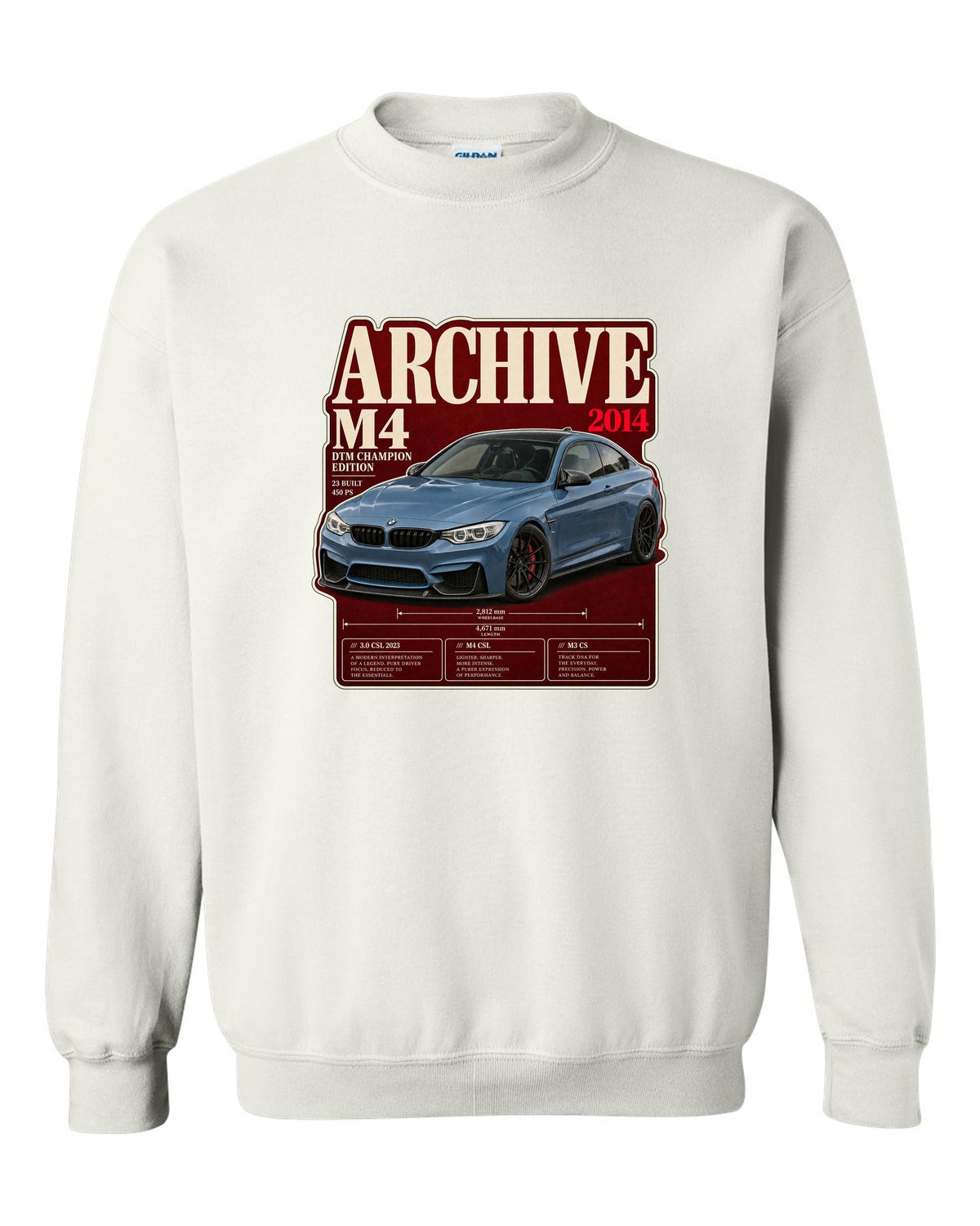 BMW M4 DTM Champion Edition F82 archive panel print white crewneck front view with the design