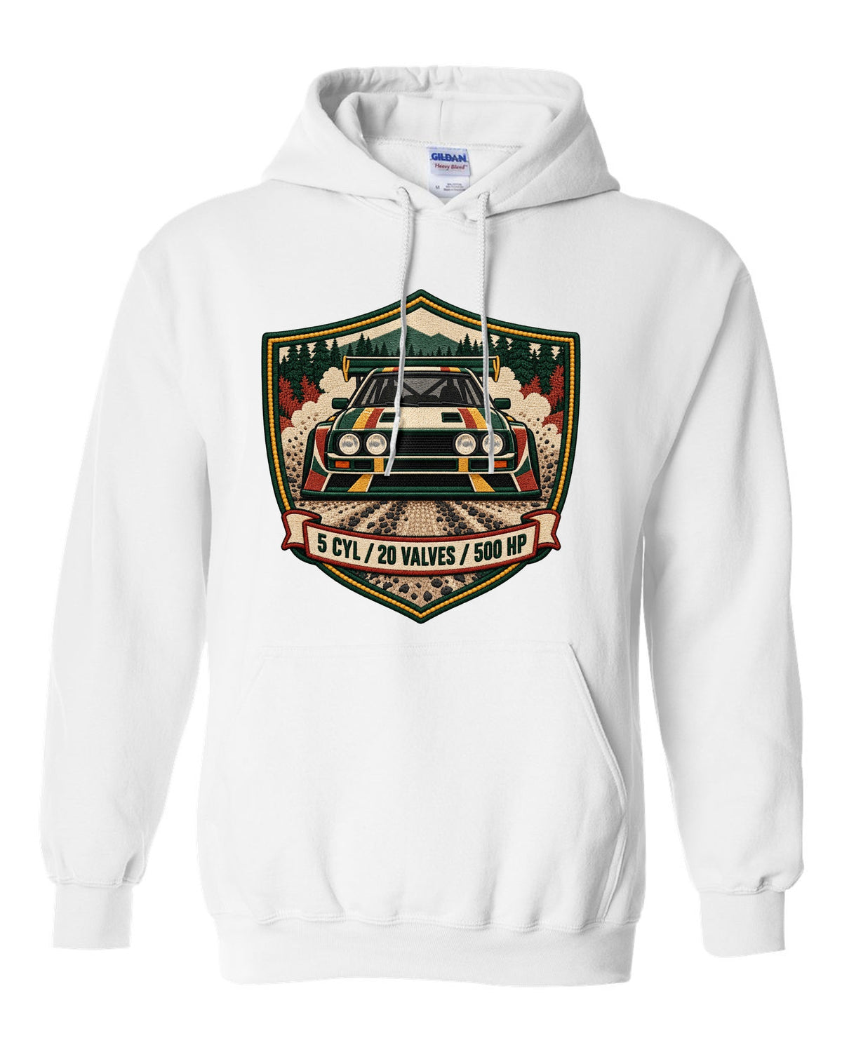 Varsity crest style print of the Audi Sport Quattro S1 E2 with 5 cyl, 20 valves, 500 hp white pull over hoodie front view with the design