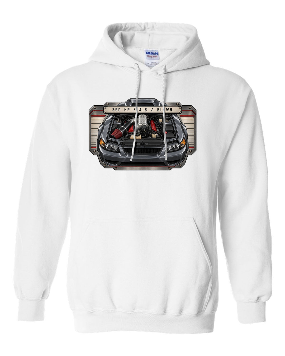 print spec plate design for the 2003-04 New Edge Mustang supercharged 4.6 V8 with 390 HP white pull over hoodie front view with the design