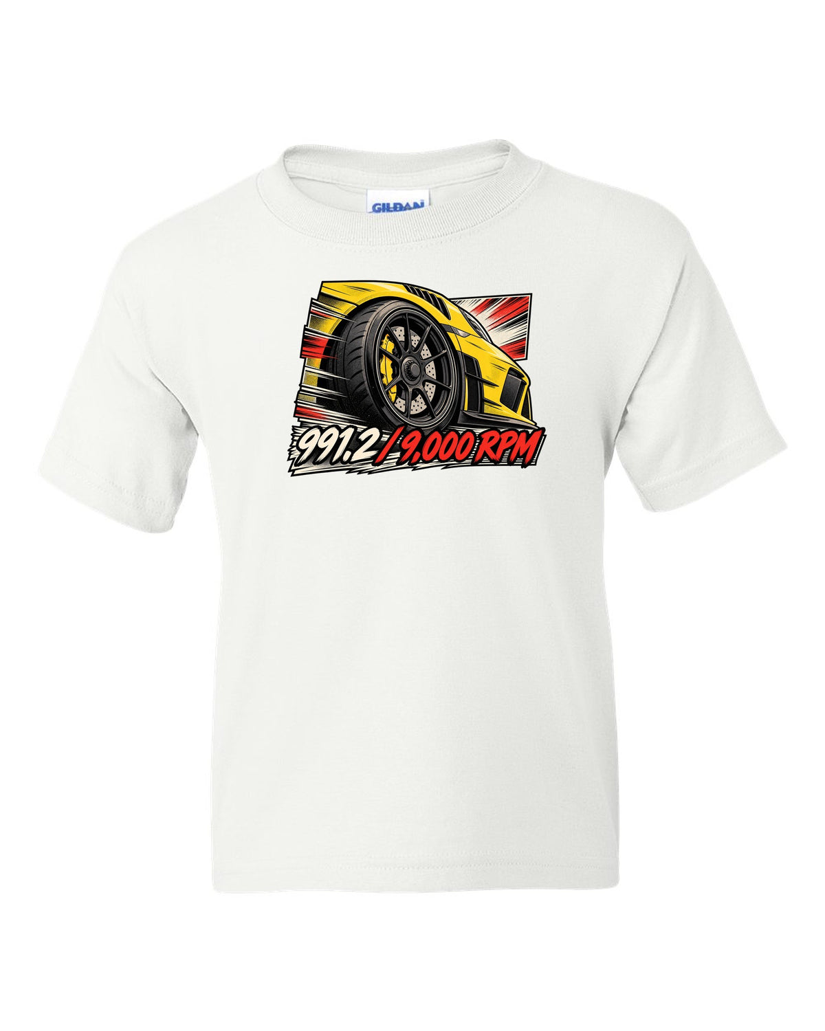 Porsche 991.2 GT3 RS retro manga panel with centre lock wheel and 9,000 RPM text white kids tee front view with the design