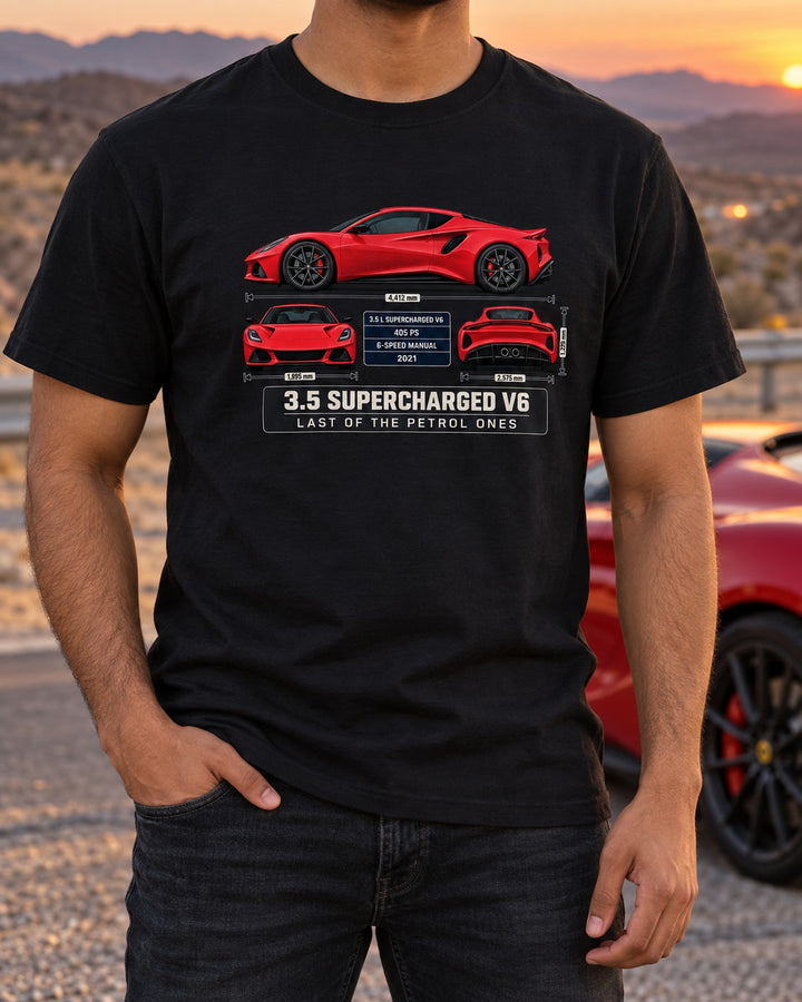 Lotus Emira V6 First Edition Spec Poster Tee, 3.5 Supercharged T-Shirt Black worn hero