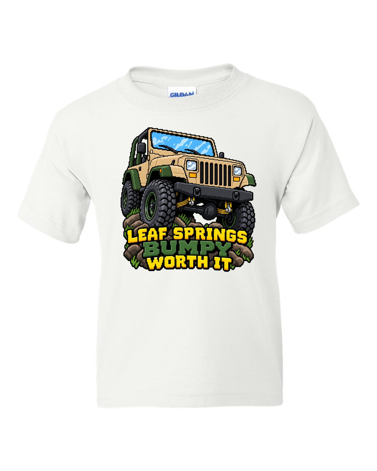 16-bit pixel art illustration of a Jeep Wrangler YJ with LEAF SPRINGS BUMPY WORTH IT lettering white kids tee front view with the design