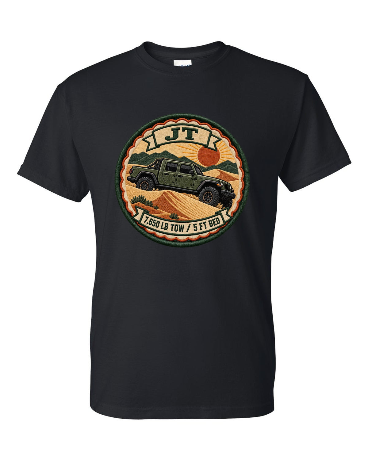 Embroidery-style varsity crest print of a Jeep Gladiator JT with tow rating text black t-shirt front view with the design