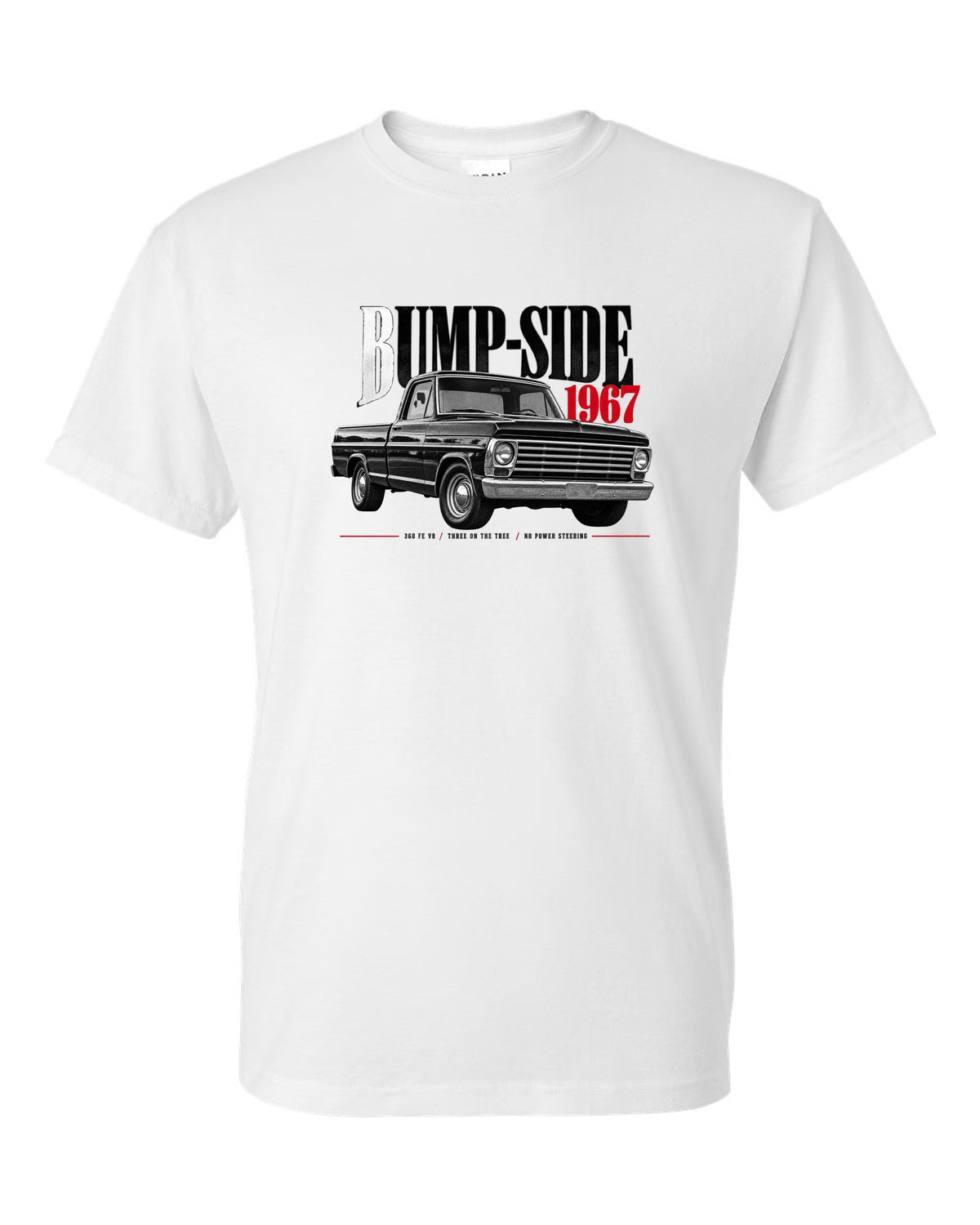Ford F-Series Bump-Side 1967 360 FE V8 Editorial Graphic Tee white t-shirt front view with the design