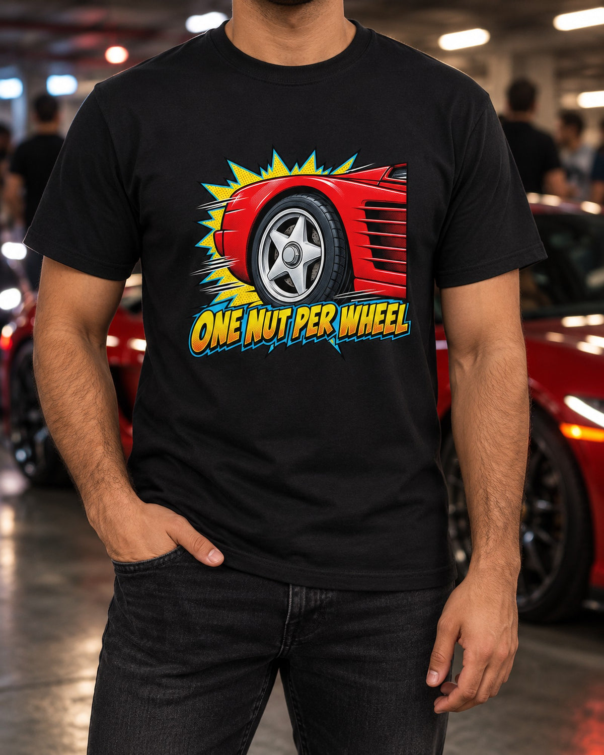 One Nut Per Wheel Pop Art Shirt, Ferrari Testarossa F110 T-Shirt Black worn hero