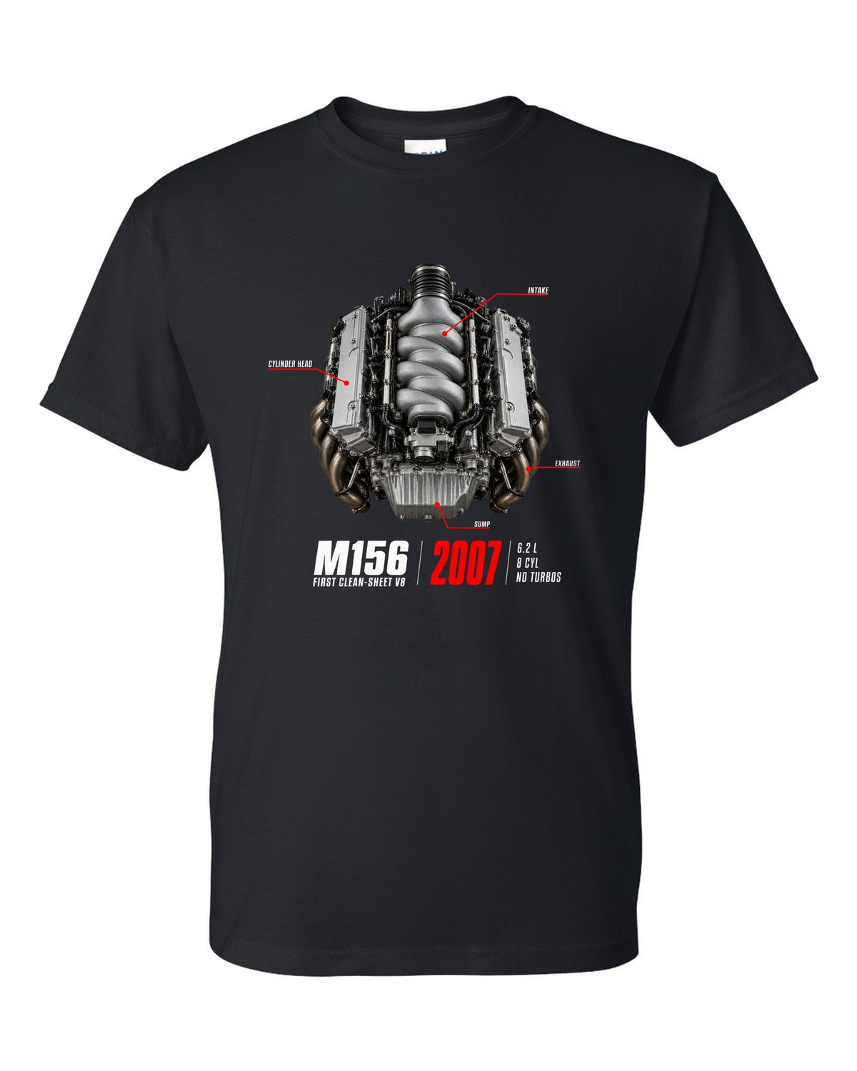 Mercedes C63 AMG W204 M156 V8 engine hero print with first clean-sheet V8 text black t-shirt front view with the design