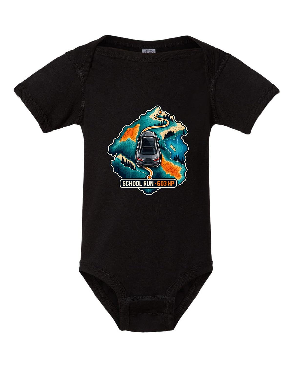 Topographic route map graphic reading School Run 603 HP for a Mercedes E63 W213, print black baby onesie front view with the design