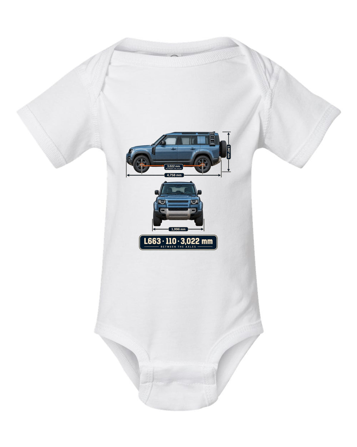 Dimension blueprint print of the Land Rover Defender 110 L663 with wheelbase white baby onesie front view with the design