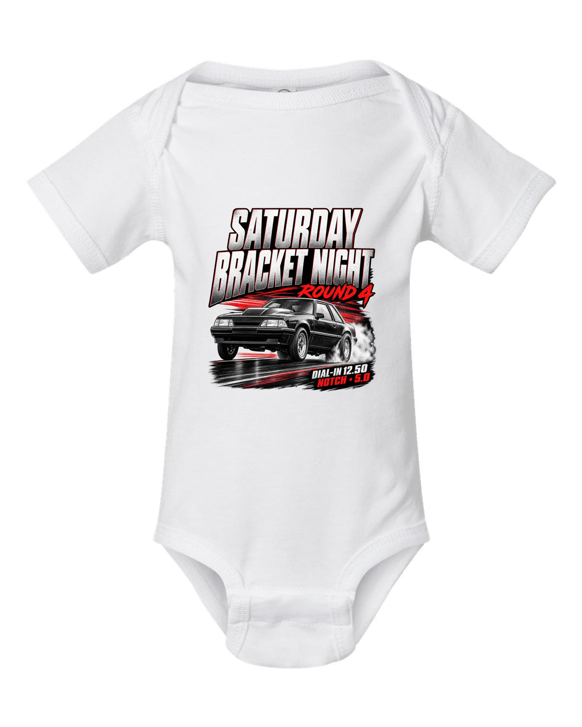 Race poster illustration of a Fox body Mustang notchback drag build for bracket night round 4 white baby onesie front view with the design