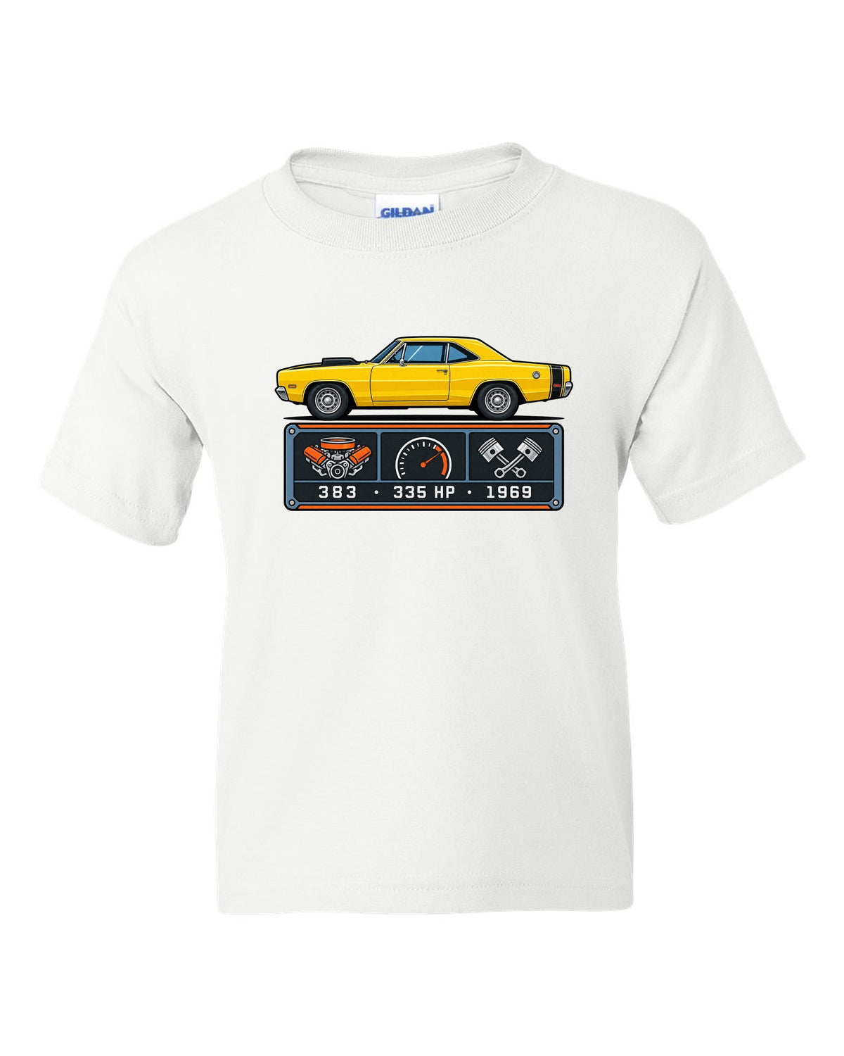 Spec-sheet data plate design for a 1969 Dodge Coronet Super Bee with 383 and 335 HP white kids tee front view with the design