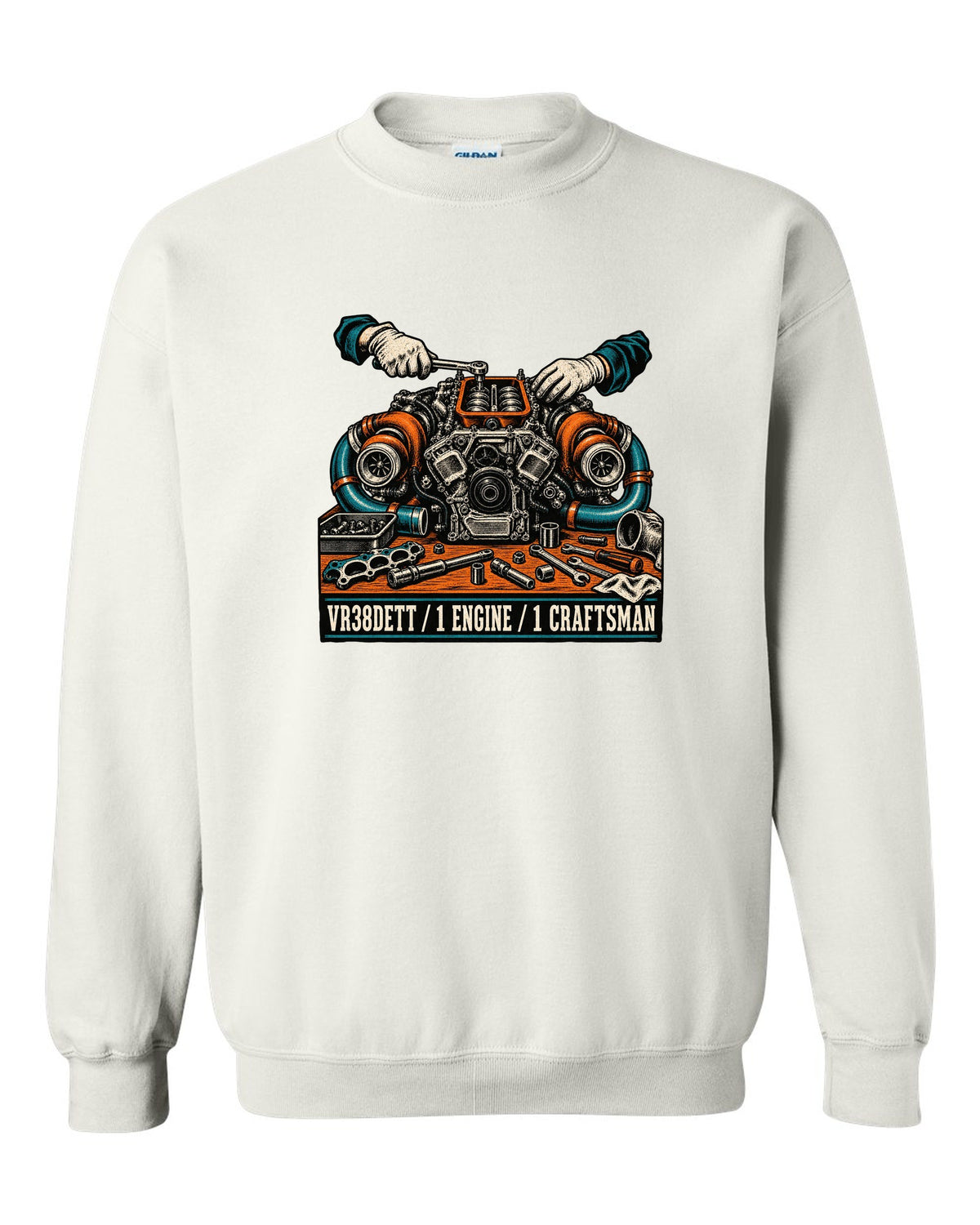 Linocut block-print back design of a Nissan GT-R R35 with VR38DETT engine text white crewneck front view with the design
