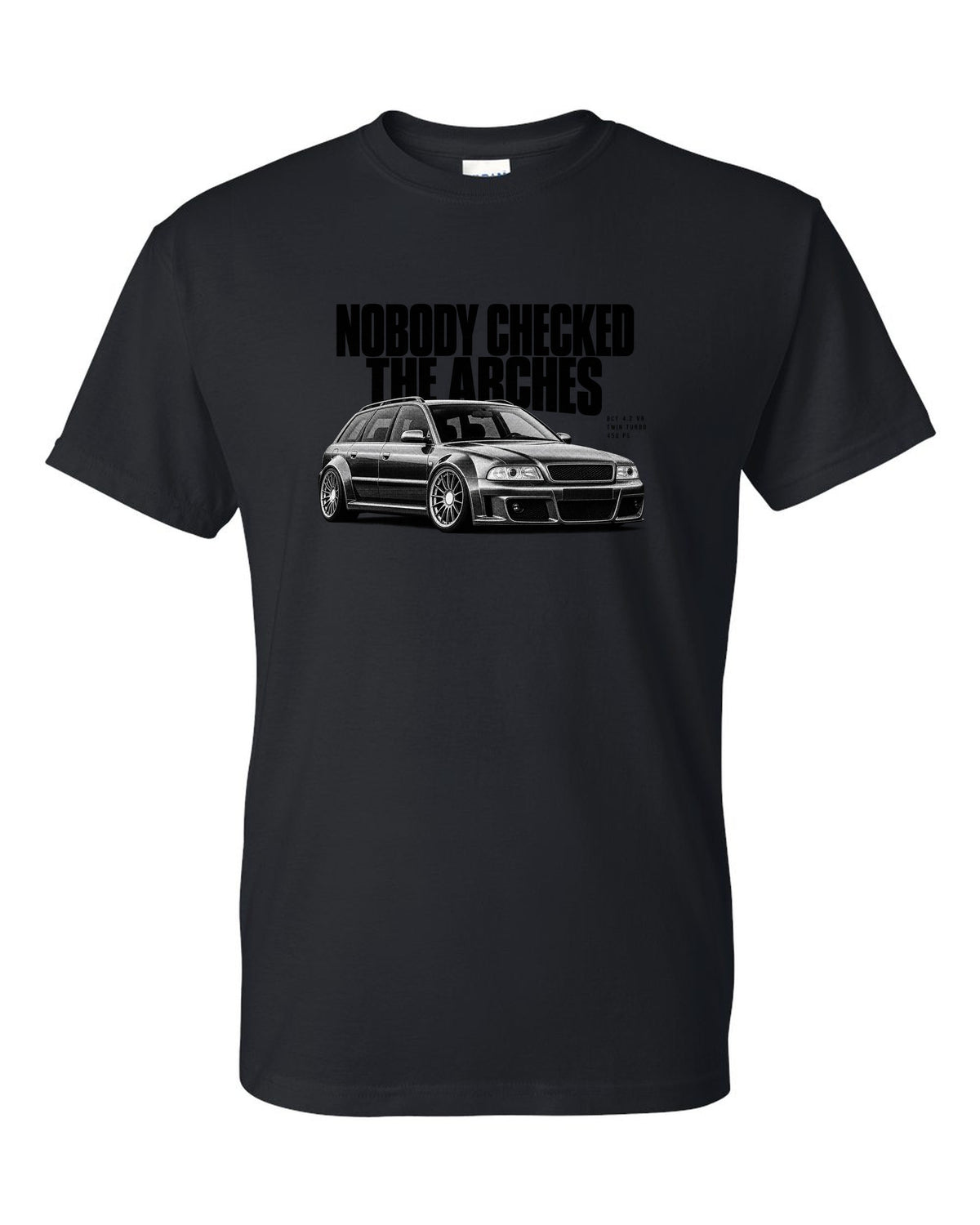 Audi RS6 Avant C5 4B front three-quarter in halftone with arches text black t-shirt front view with the design
