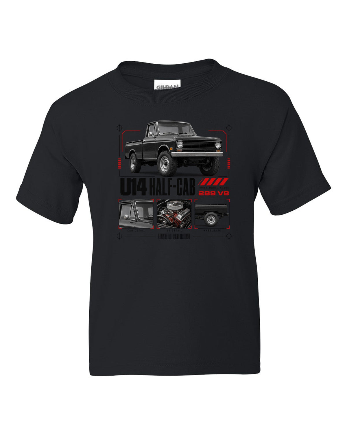 Ford Early Bronco U14 half-cab dossier panel print with 289 V8 and three model years black kids tee front view with the design
