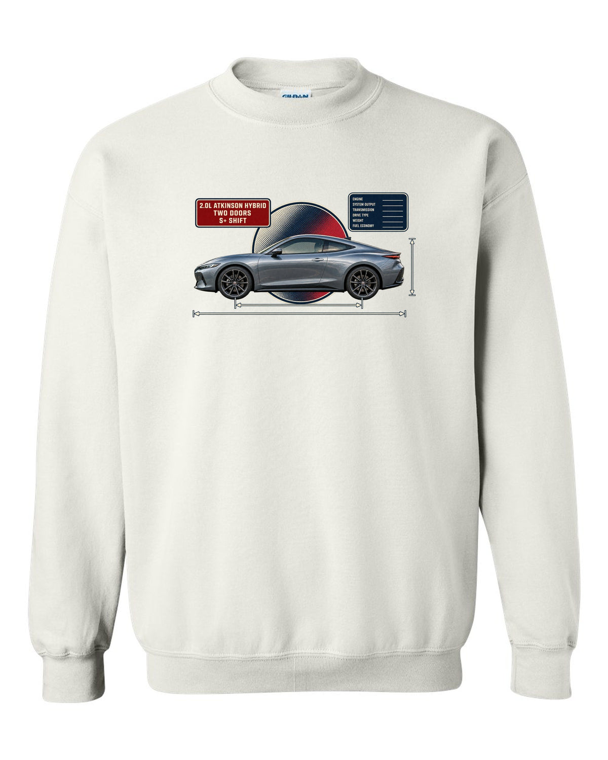 Honda Prelude 2026 sixth-gen dimension blueprint print white crewneck front view with the design