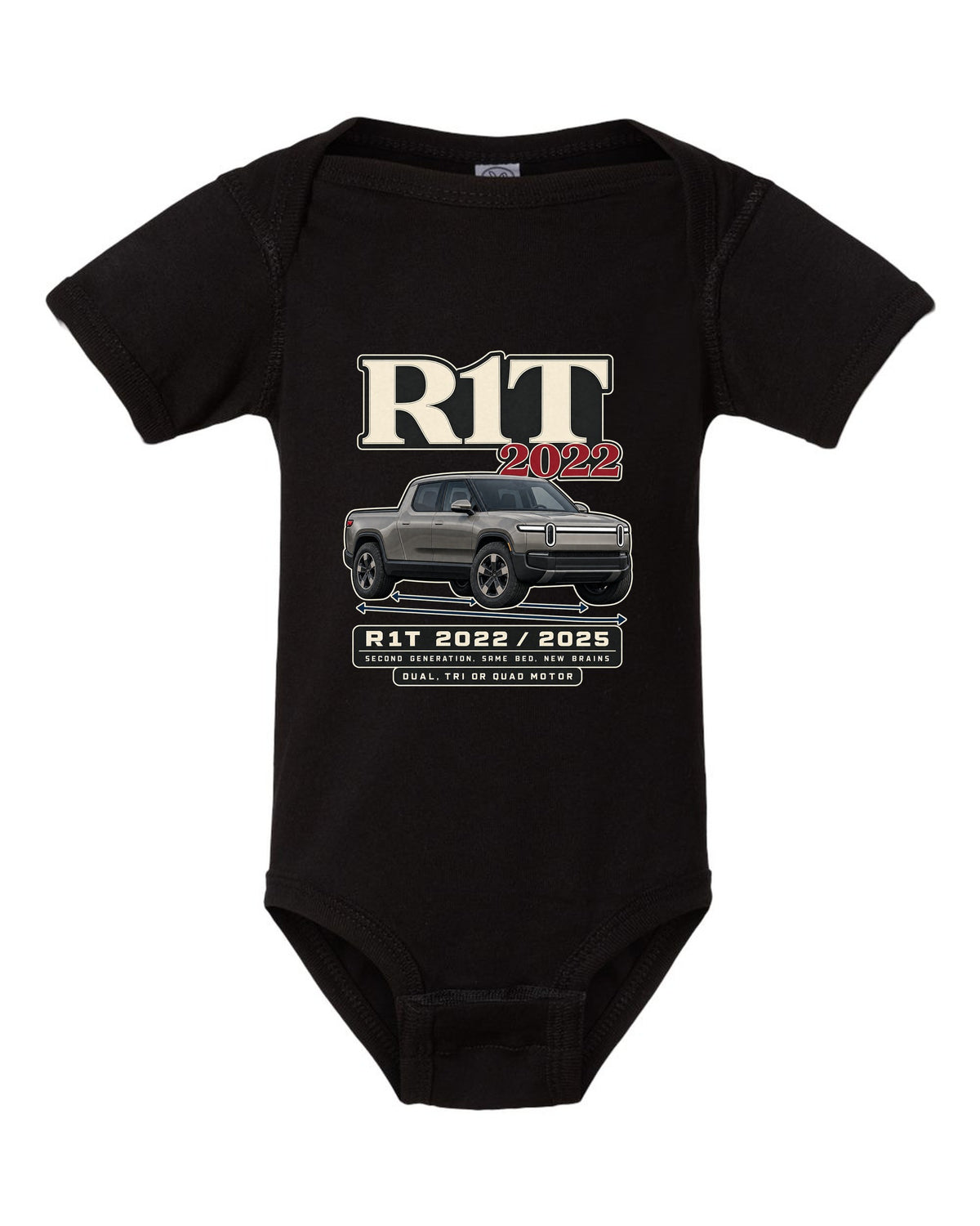 Archive panel print of a Rivian R1T Gen 2 with 2022 and 2025 model years black baby onesie front view with the design