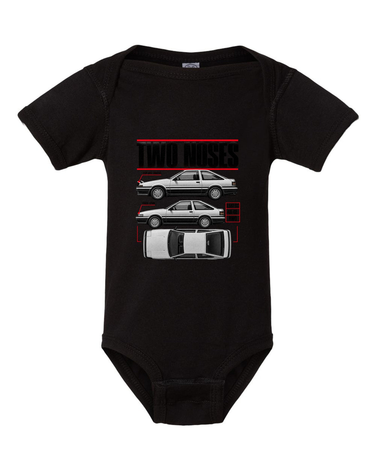 print spec poster of a Toyota AE86 Trueno and Levin in profile with pop-up and fixed headlights black baby onesie front view with the design