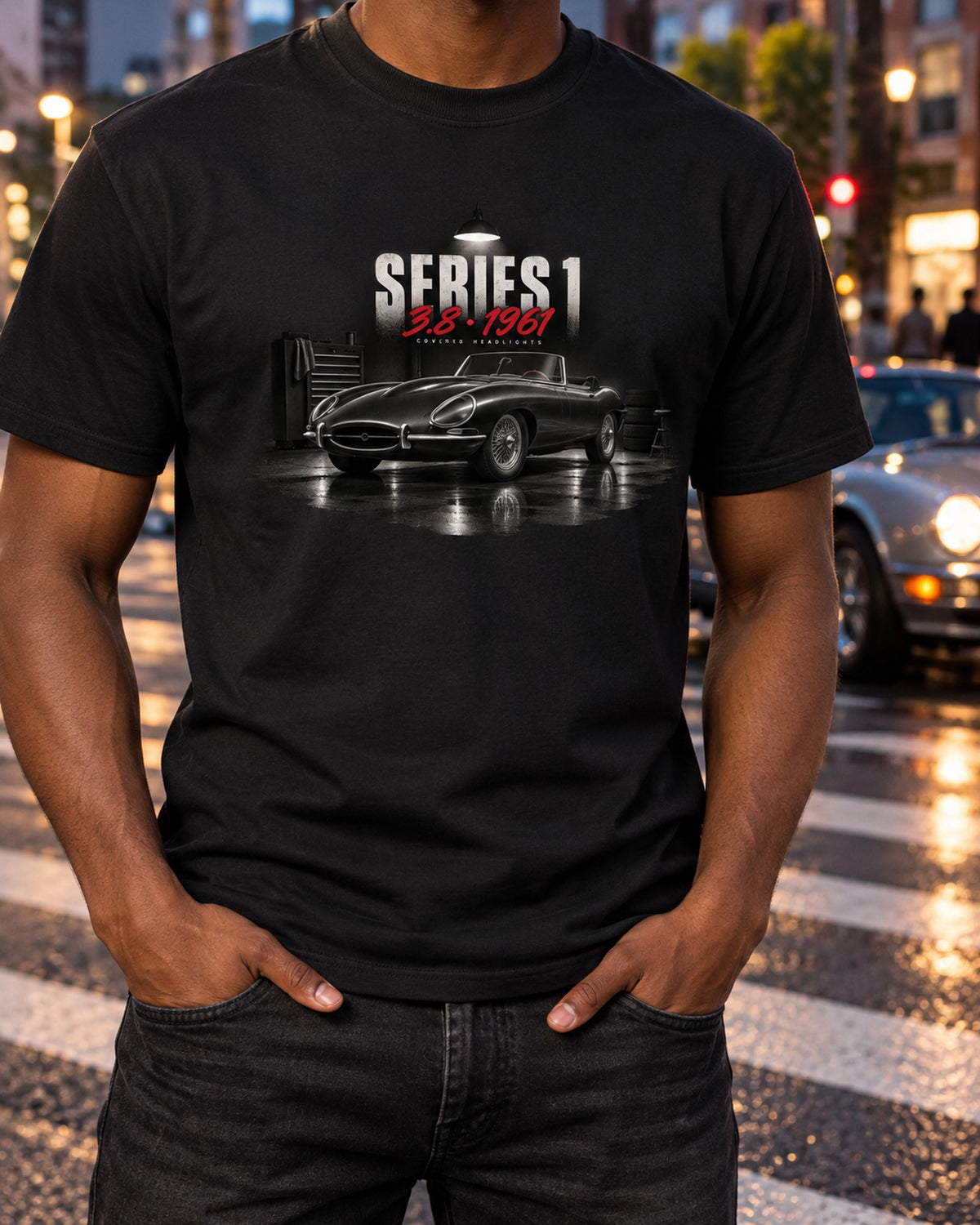 Jaguar E-Type Series 1 3.8 Garage Night print Car Shirt T-Shirt Black worn hero