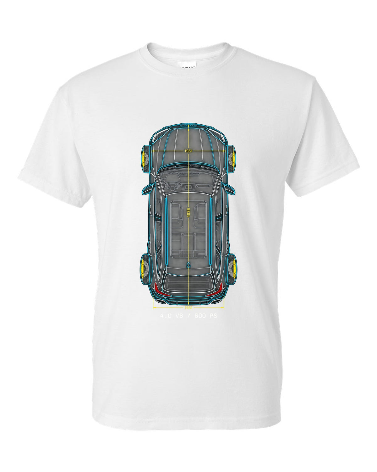 Top-down technical blueprint design of the Audi RS6 Avant C8 with 4.0 V8 and 600 PS lettering white t-shirt front view with the design