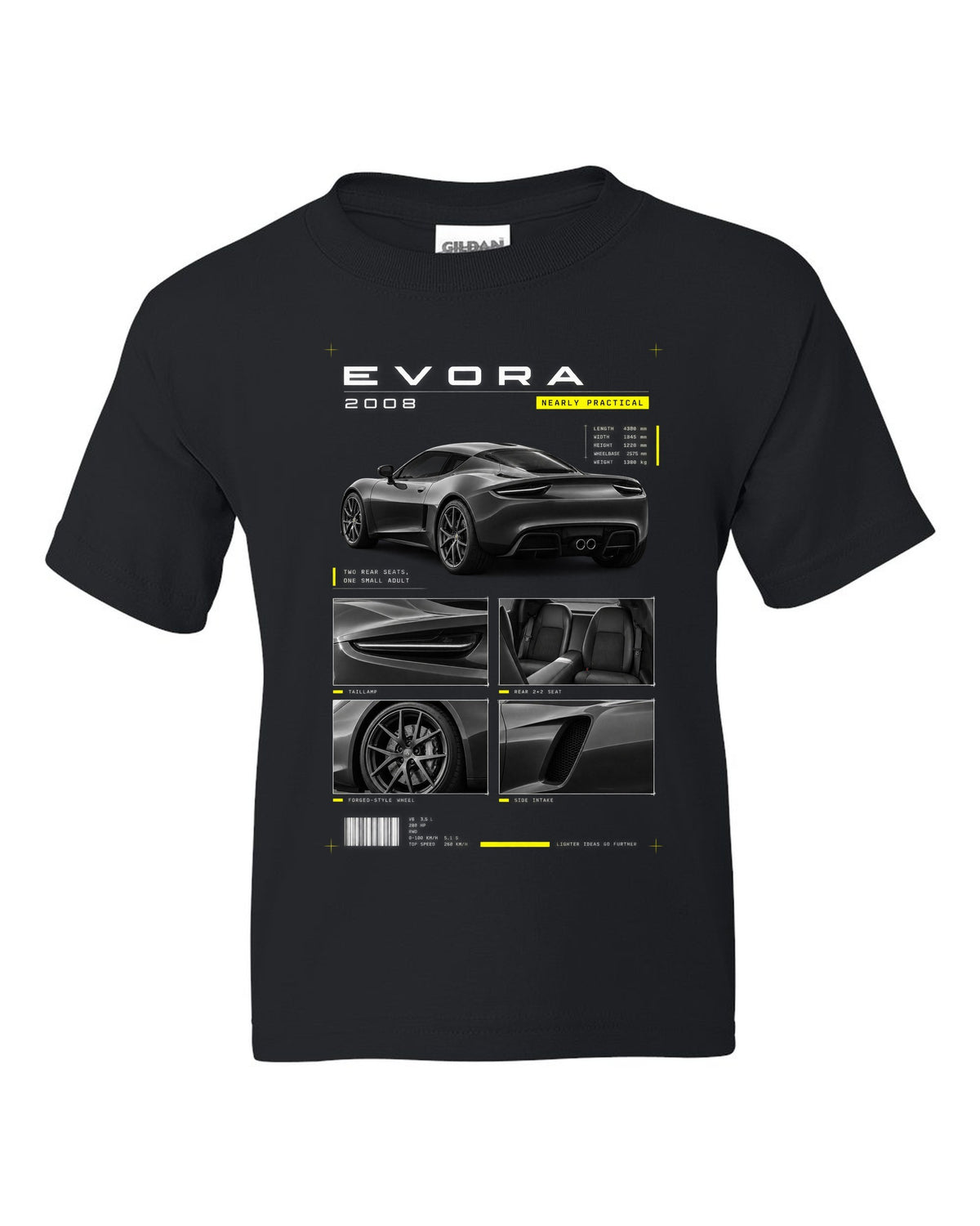 Lotus Evora 2008 dossier panels print black kids tee front view with the design