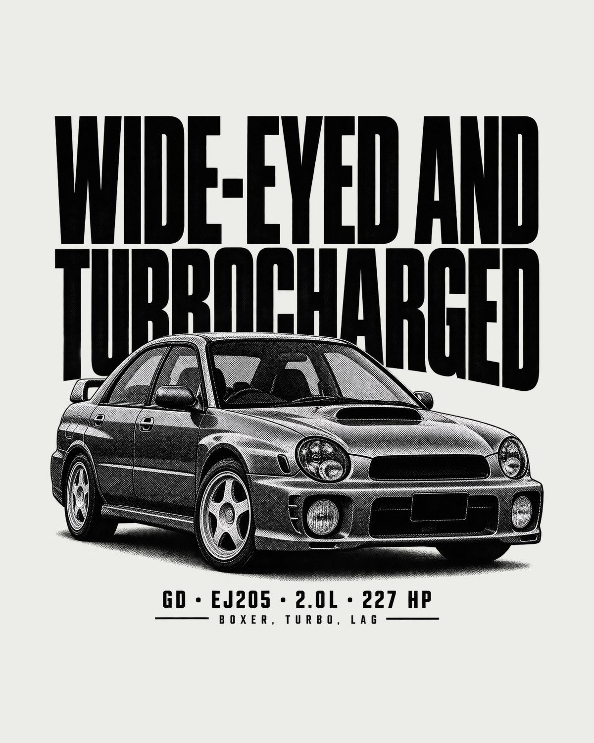 Subaru Impreza WRX GD Bugeye Halftone Tee, EJ205 Wide-Eyed design only