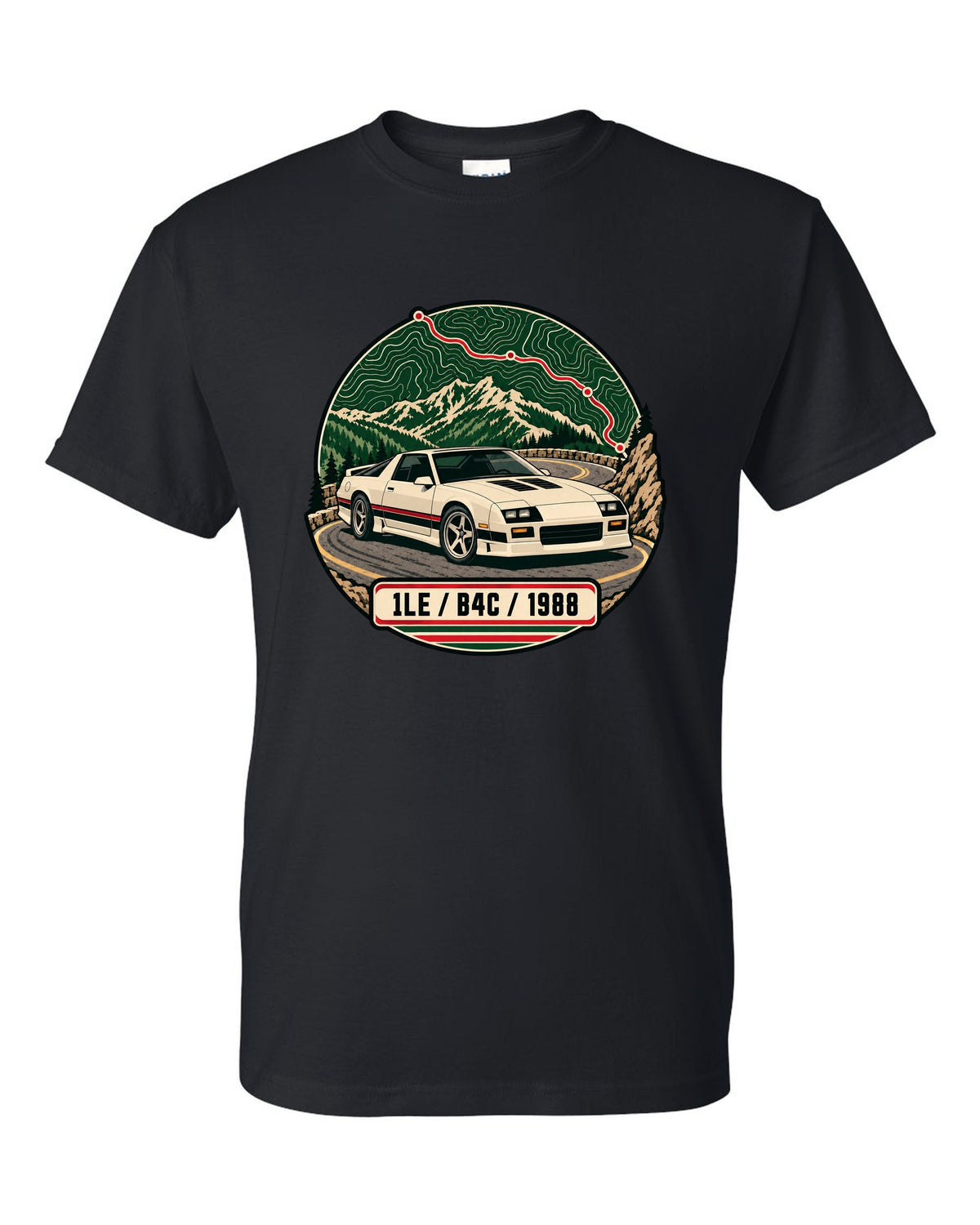 1988 Chevrolet Camaro 1LE topographic route map print with 1LE B4C 1988 text black t-shirt front view with the design