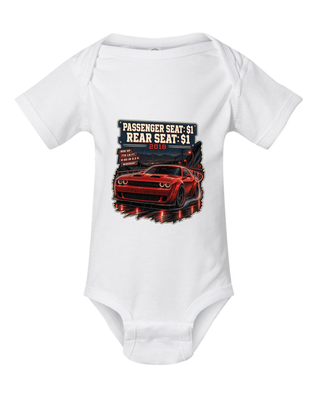 2018 Dodge Challenger SRT Demon on a night street print with seat price text white baby onesie front view with the design