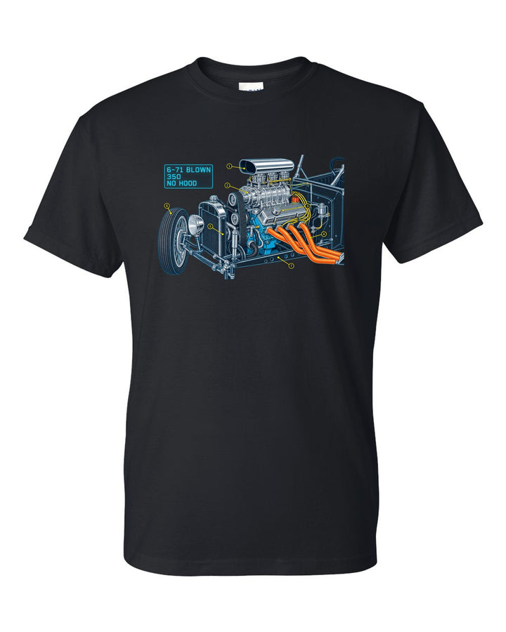 Blueprint-style cutaway print of a Ford T-bucket hot rod with a blown 6-71 engine black t-shirt front view with the design