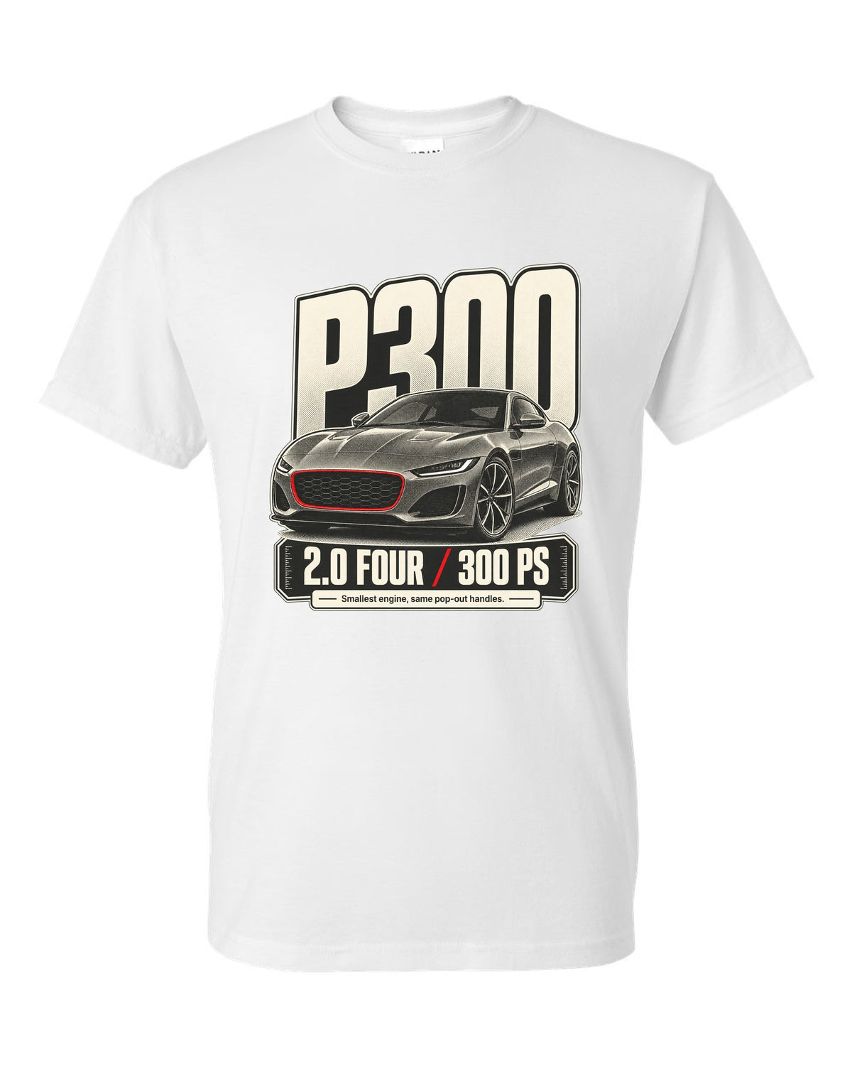 Halftone statement print for the Jaguar F-Type P300 2.0 four-cylinder with 300 PS text white t-shirt front view with the design
