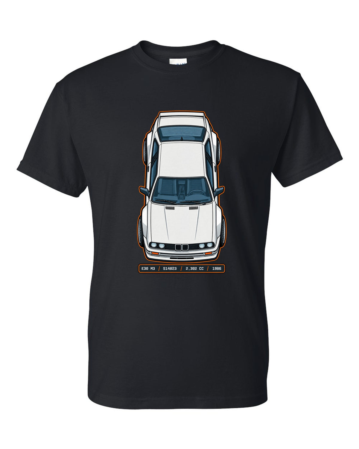 Top view spec sheet print of a BMW E30 M3 with S14B23 2,302 cc 1986 data plate text black t-shirt front view with the design