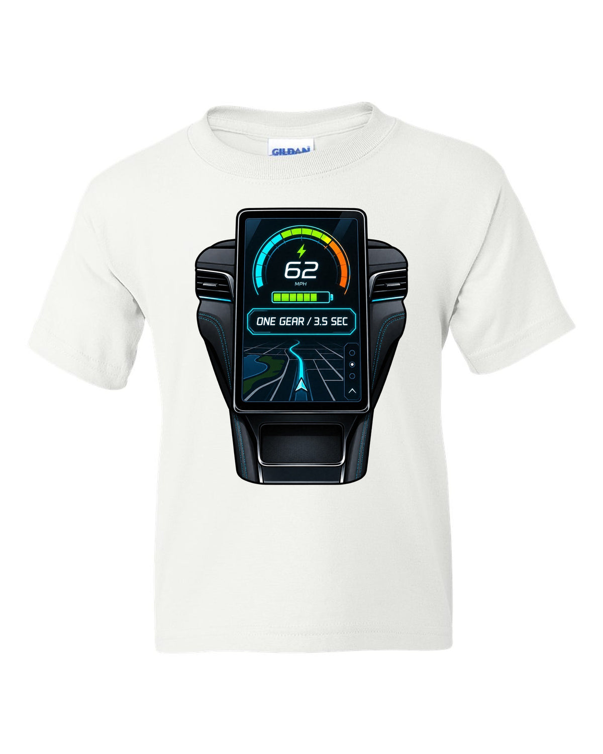 Round embroidery-style crest print for the 2020 Mustang Mach-E CX727 reading 88 kWh Extended Range white kids tee front view with the design
