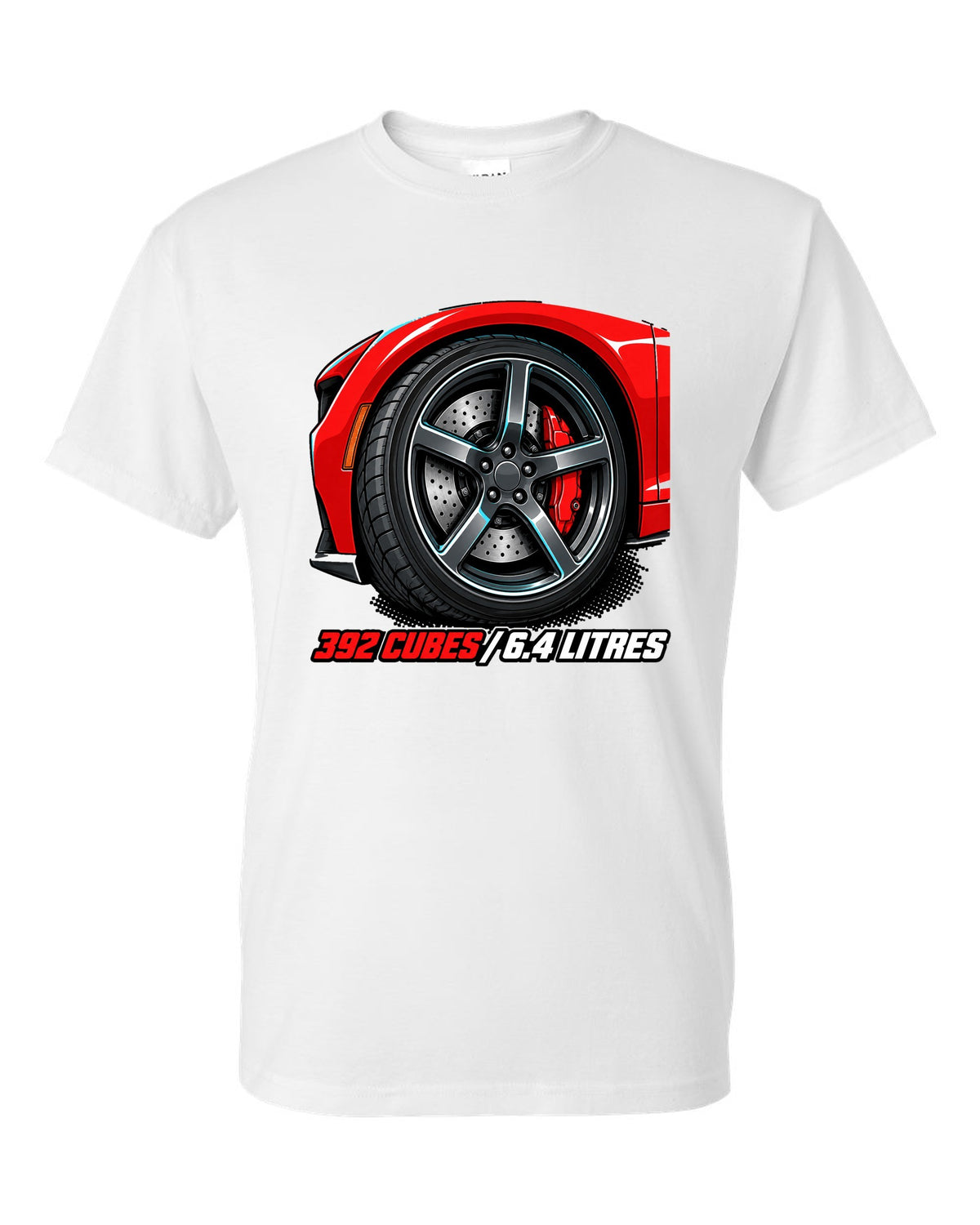 Bold monoline print with halftone shadow of a 2018 Dodge Challenger SRT 392 white t-shirt front view with the design