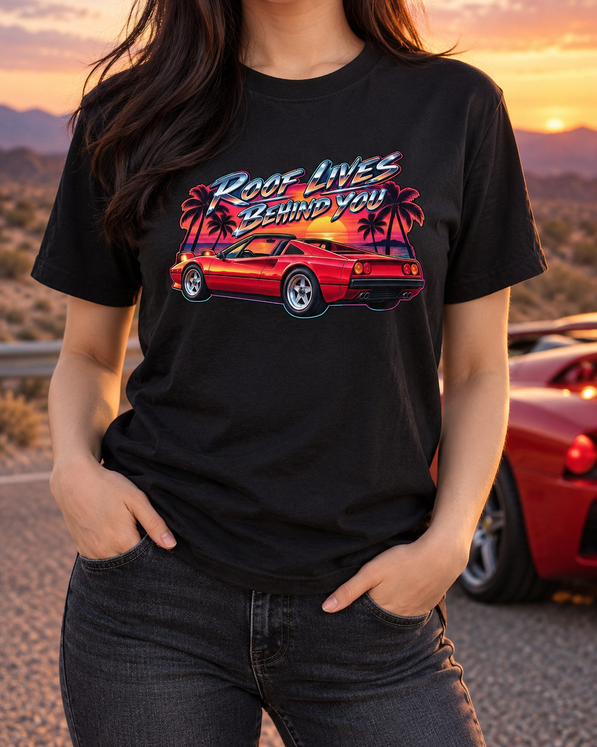 Ferrari 308 GTS Targa Airbrush Sunset Shirt, Roof Lives Behind You T-Shirt Black worn hero