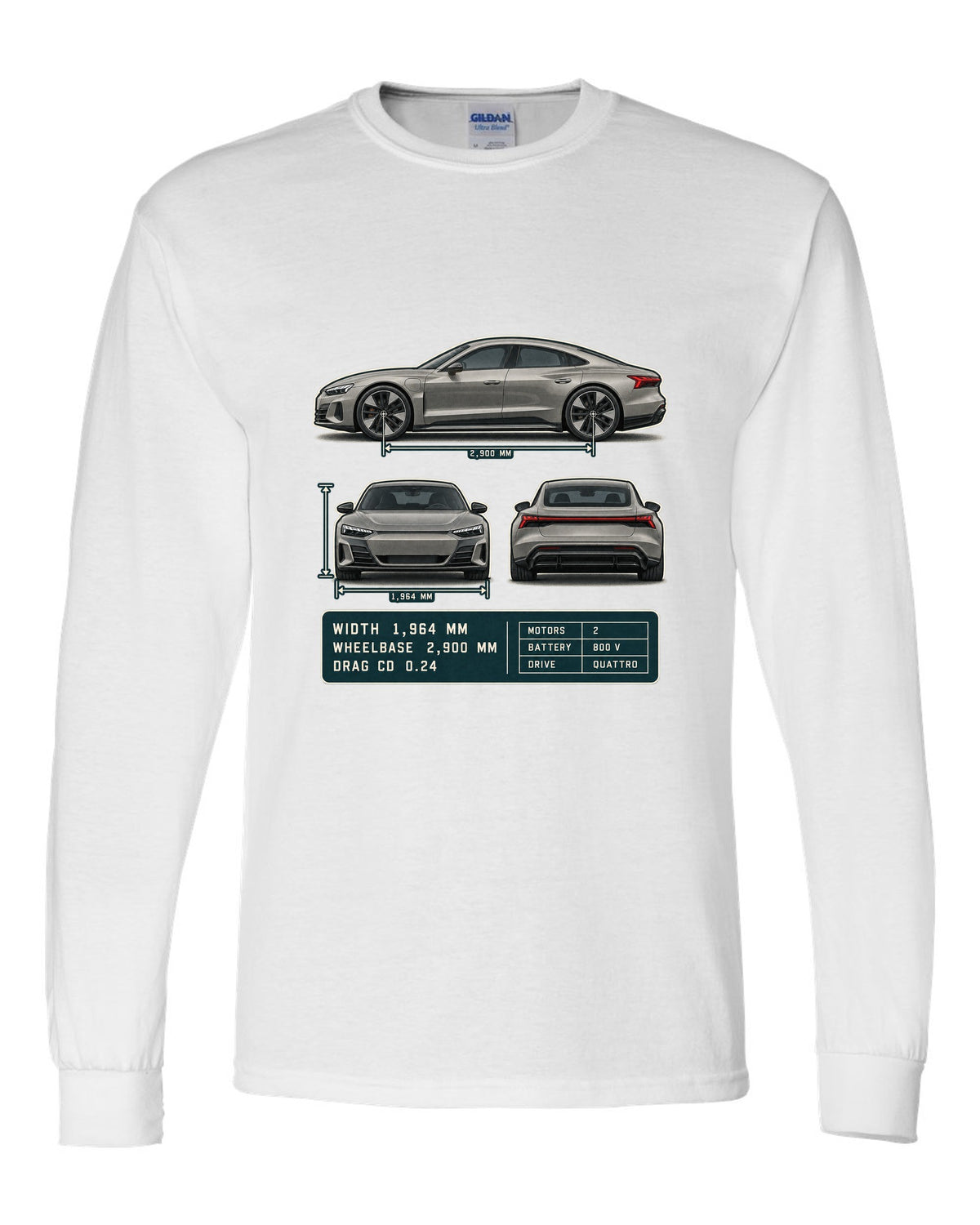 Audi RS e-tron GT Three-View Spec Table Tee, Cd 0.24 Car white long sleeve front view with the design