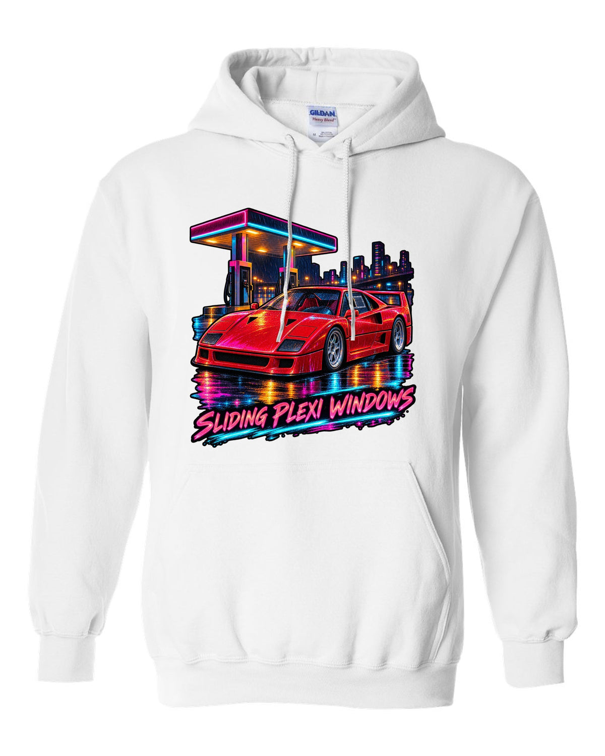 Neon night-city gouache print of a 1987 Ferrari F40 F120 with sliding plexi windows text white pull over hoodie front view with the design