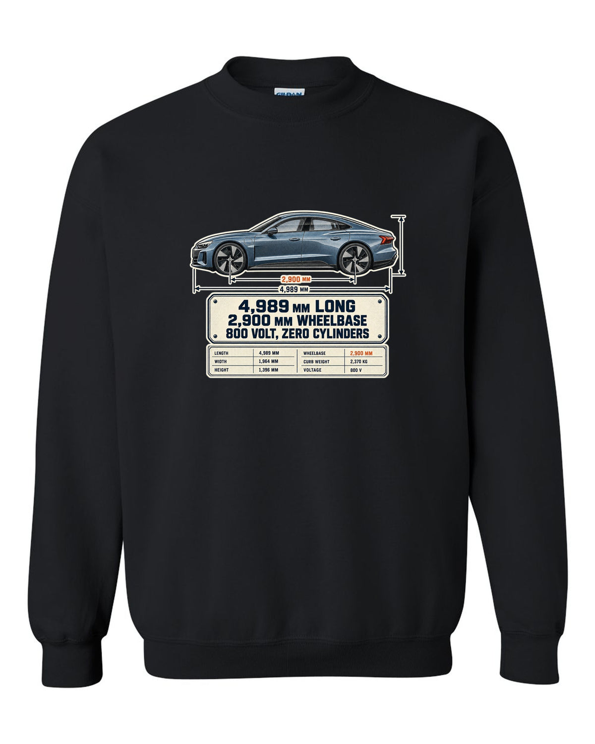 Audi RS e-tron GT J1 dimension blueprint print design black crewneck front view with the design