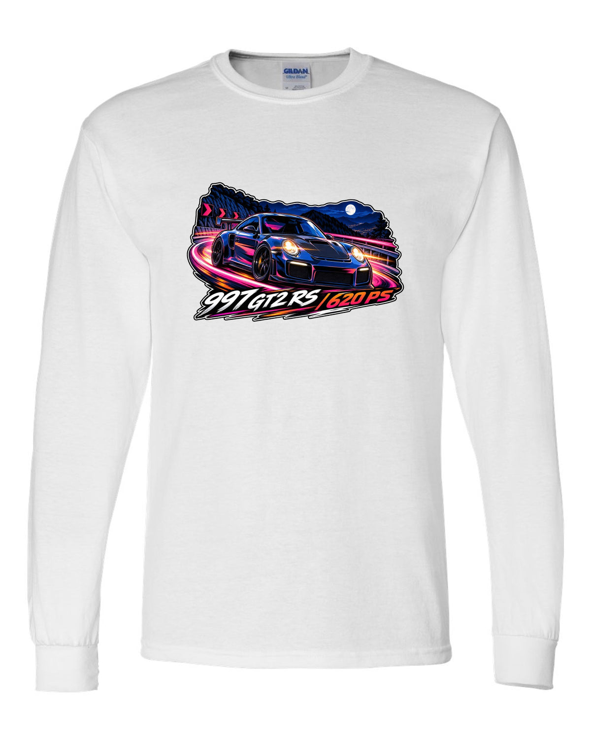 Cel-shaded anime night touge design featuring the Porsche 997 GT2 RS with 620 PS lettering white long sleeve front view with the design