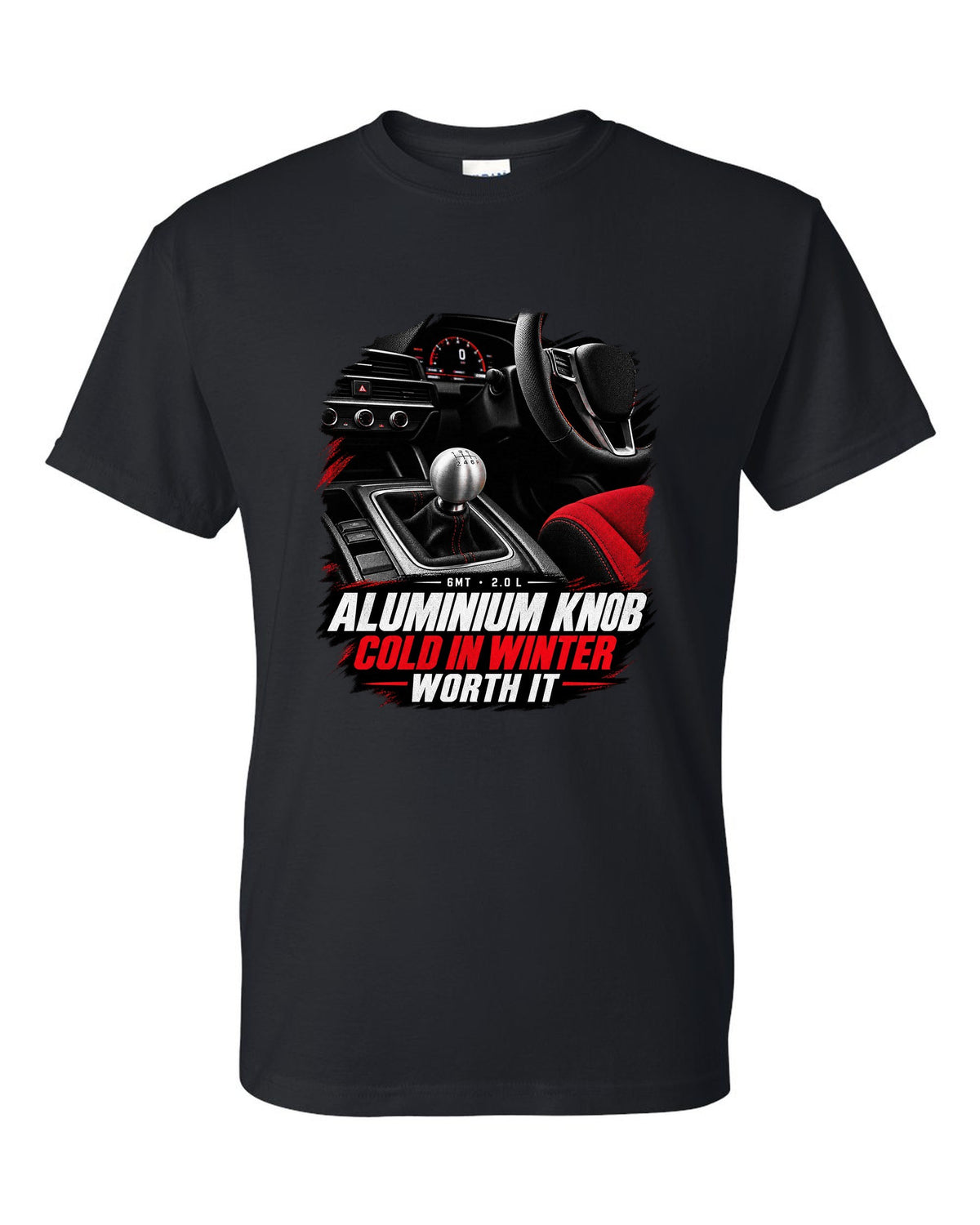 Honda Civic FL5 cockpit gauge design with aluminium shift knob text black t-shirt front view with the design