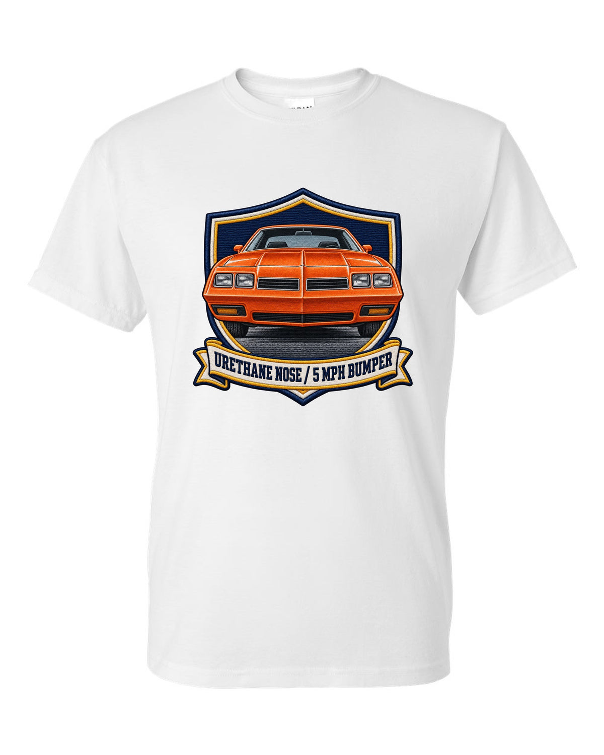 Varsity crest print for a 1973 Chevelle Laguna S-3 with the text Urethane Nose, 5 MPH Bumper white t-shirt front view with the design