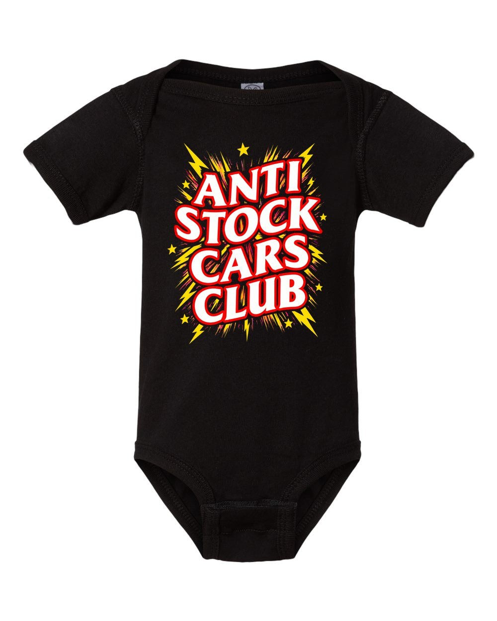 Anti Stock Cars Club Anime Title Card Baby Onesie Black front