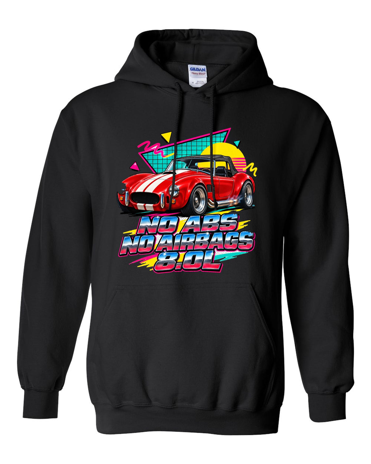 Airbrushed 90s Memphis grid print of a 1992 Dodge Viper RT/10 with no ABS text black pull over hoodie front view with the design