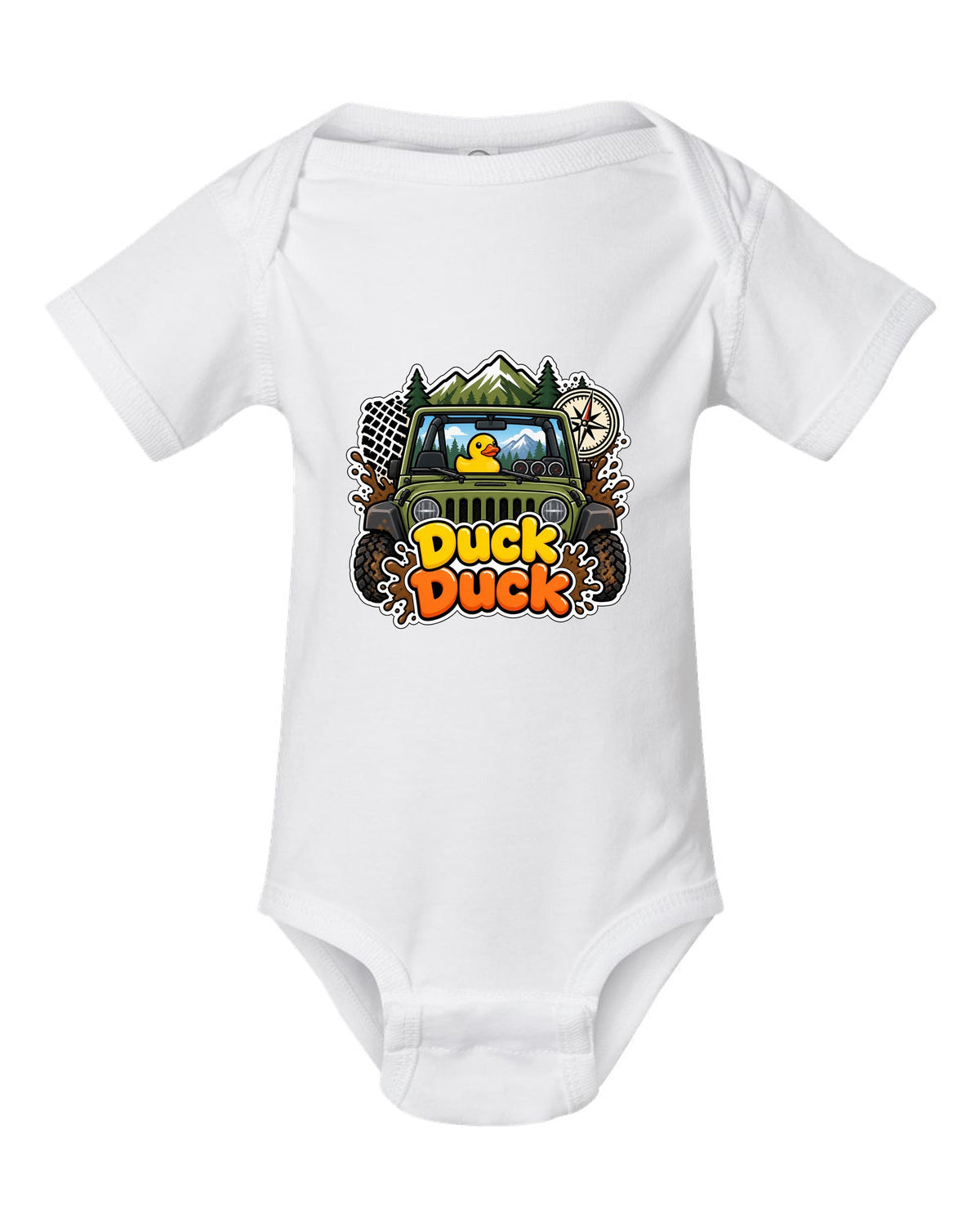 Sticker-bomb collage print of a Jeep Wrangler JK dashboard with ducks white baby onesie front view with the design