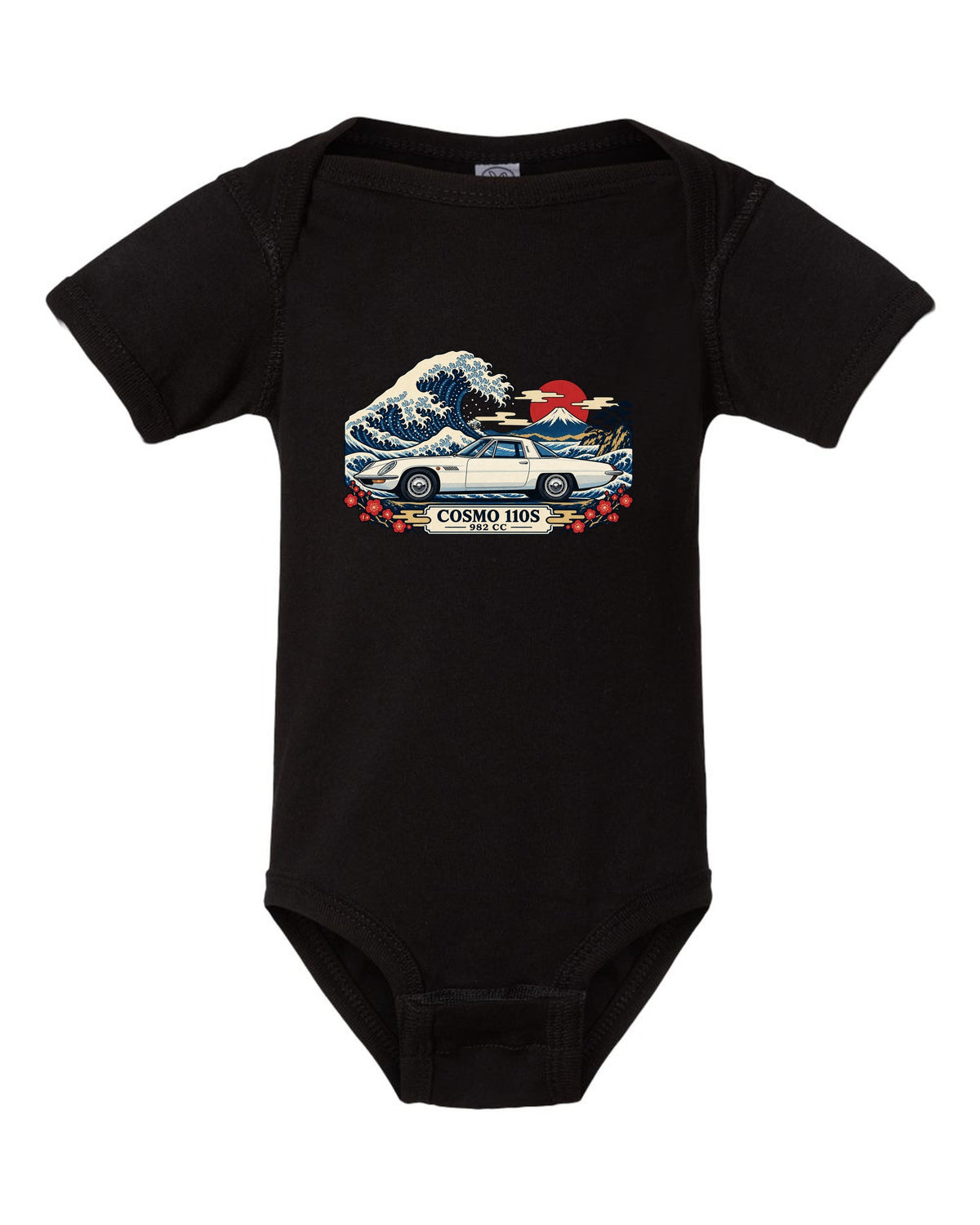 Ukiyo-e woodblock illustration of the Mazda Cosmo Sport 110S with a wave and 982 CC lettering black baby onesie front view with the design