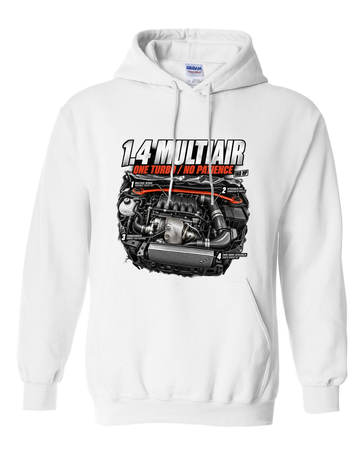 Engine hero print of the Fiat 500 Abarth 1.4 MultiAir turbo with 160 HP text white pull over hoodie front view with the design