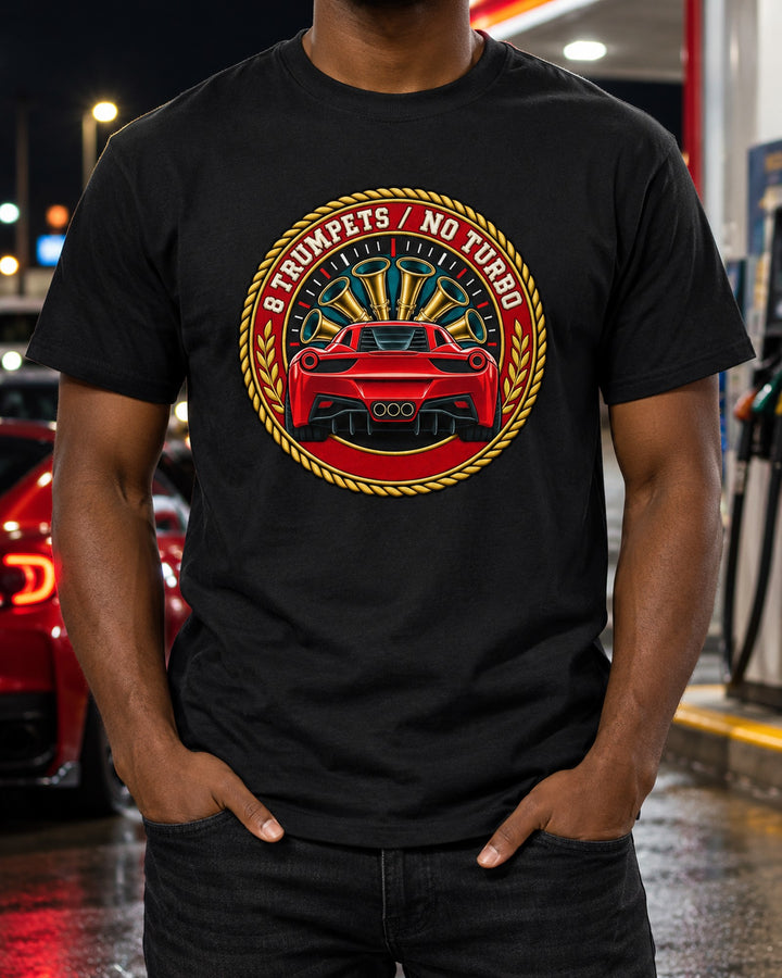 Eight Trumpets No Turbo Crest Tee, Ferrari 458 Italia T-Shirt Black worn hero