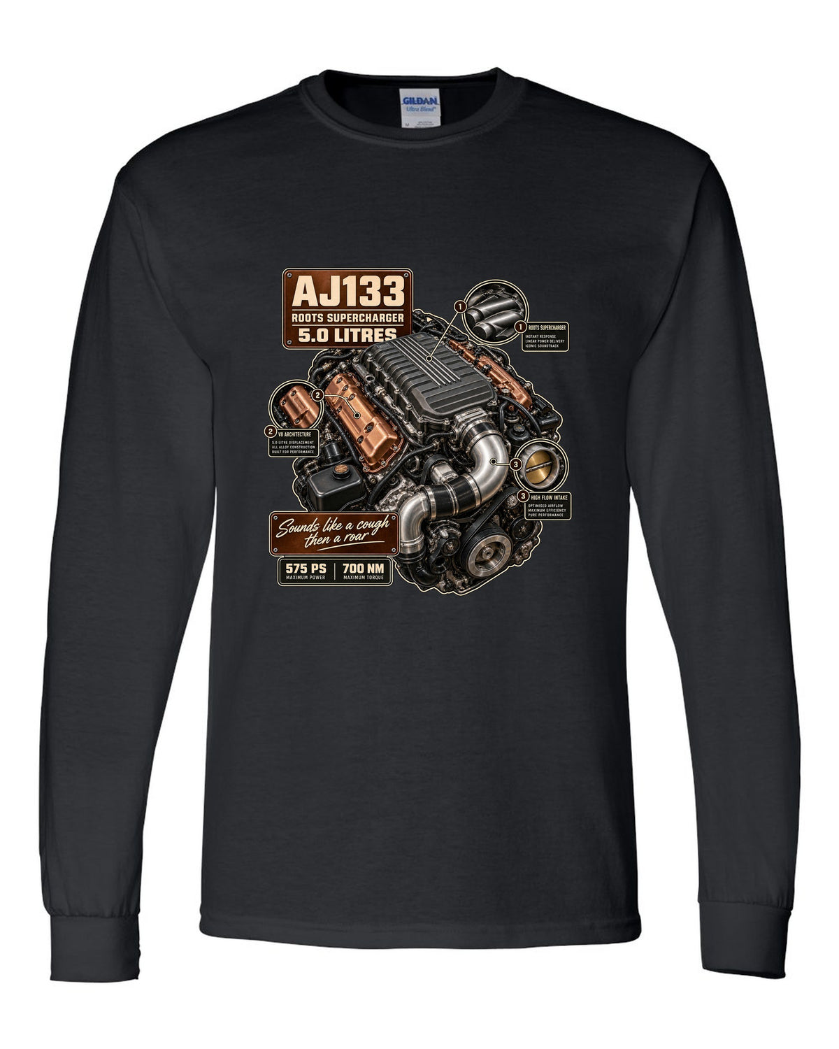 Engine hero print of the Jaguar F-Type R and SVR AJ133 supercharged 5.0 litre V8 black long sleeve front view with the design