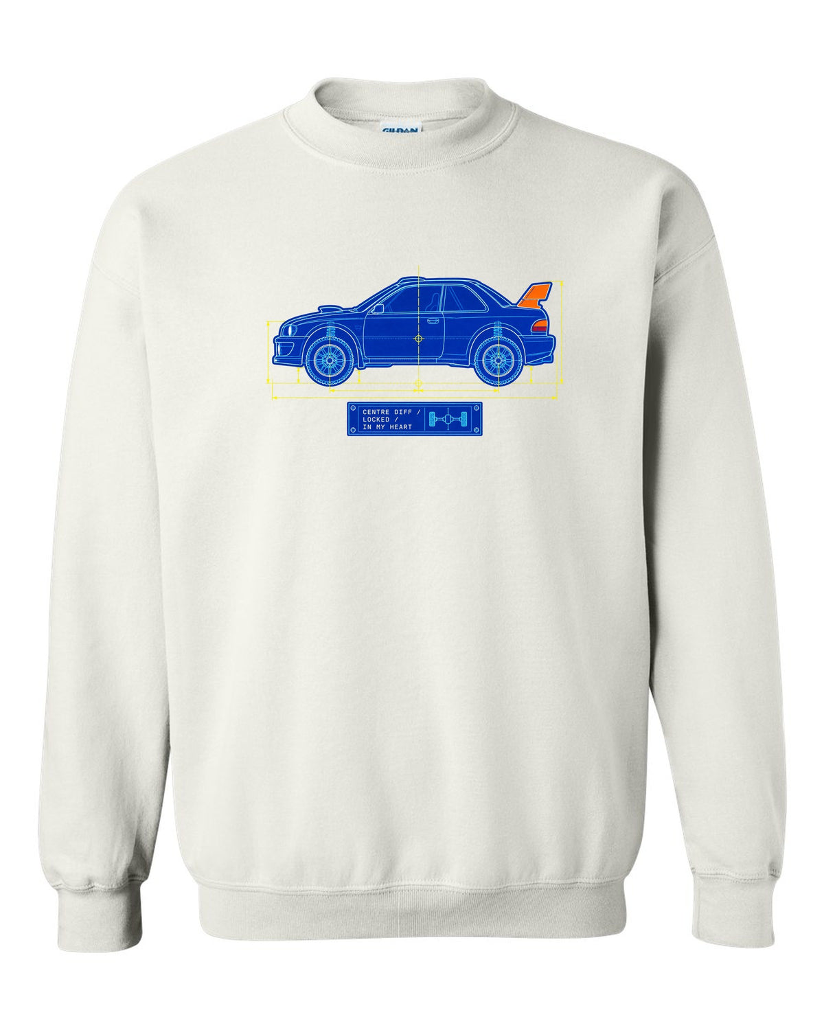 Blueprint line art of a Toyota Celica GT-Four ST185 with centre diff lettering white crewneck front view with the design