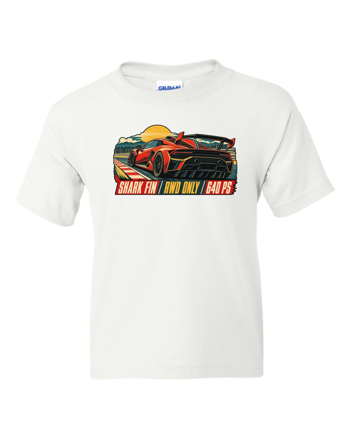 Vintage 1960s lithograph race poster of a Lamborghini Huracan STO LP640-2 with shark fin text white kids tee front view with the design