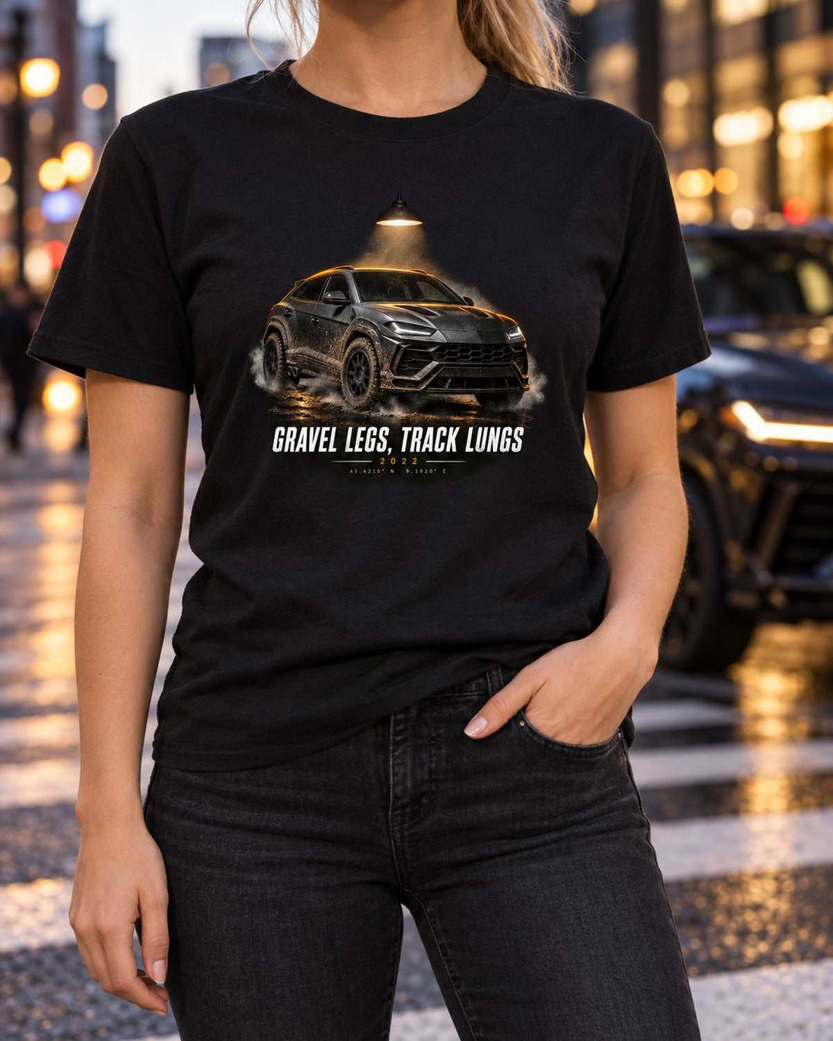 Lamborghini Urus Performante Garage Night Tee, Car Enthusiast T-Shirt Black worn hero