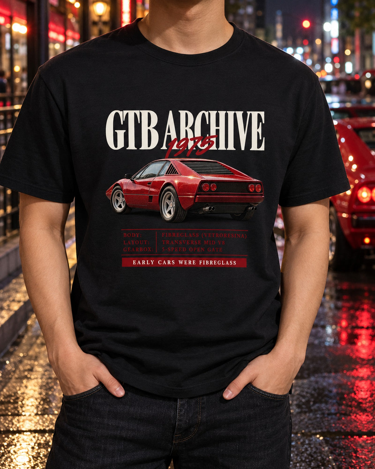 Ferrari 308 GTB Fibreglass Archive Panel Shirt, 1975 Early Car T-Shirt Black worn hero