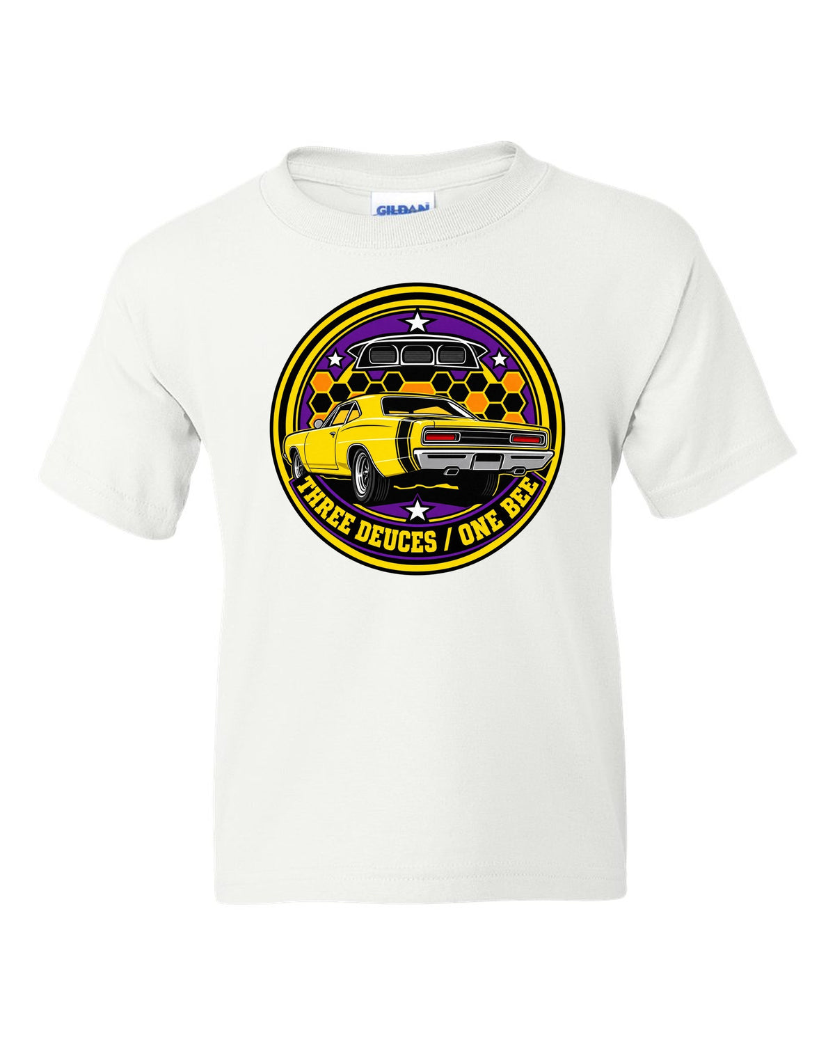 Round crest design for the 1969 Dodge Coronet Super Bee reading three deuces one bee white kids tee front view with the design